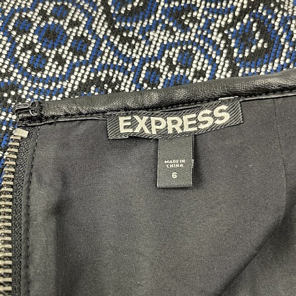 Express Y2K Jacquard Mini Skirt Size 6 Blue Geometric Faux Leather Trim Academia - Picture 7 of 13